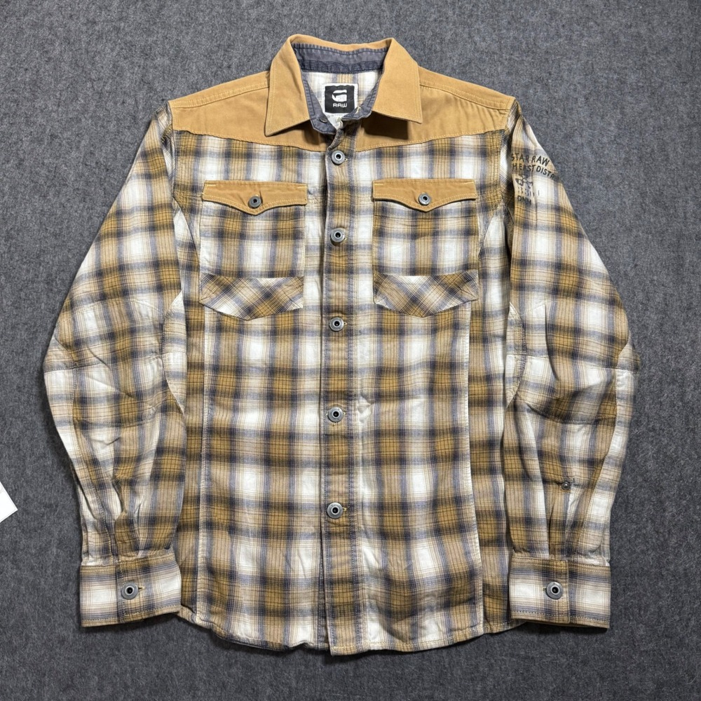 G-Star Raw Hiker Perth Triton Plaid Workwear Shirt Mens Large Tan Canvas Yoke